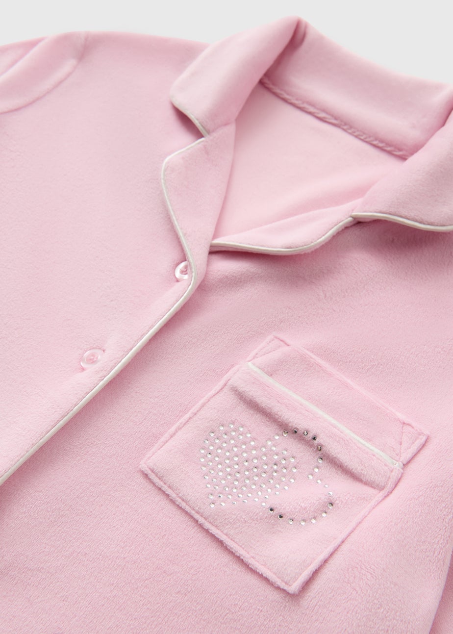 Girls Pink Fleece Diamante Pyjama Set (7-13yrs)