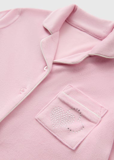 Girls Pink Fleece Diamante Pyjama Set (7-13yrs)