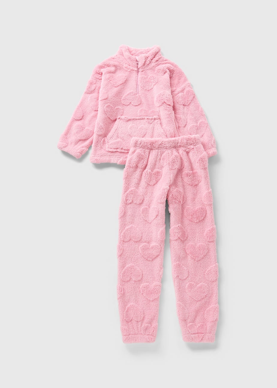 Girls Pink Heart Emboss Fleece Pyjama Set (7-13yrs)