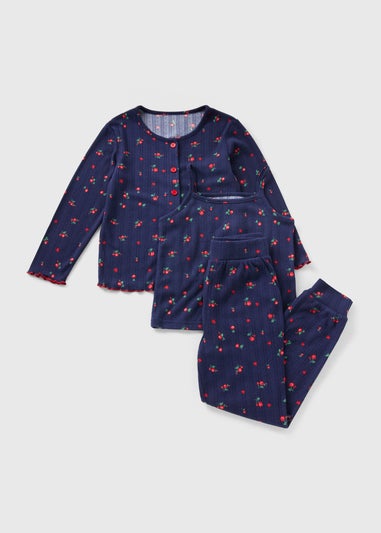 3 Piece Girls Navy Rose Pointelle Pyjama Set (4-13yrs)