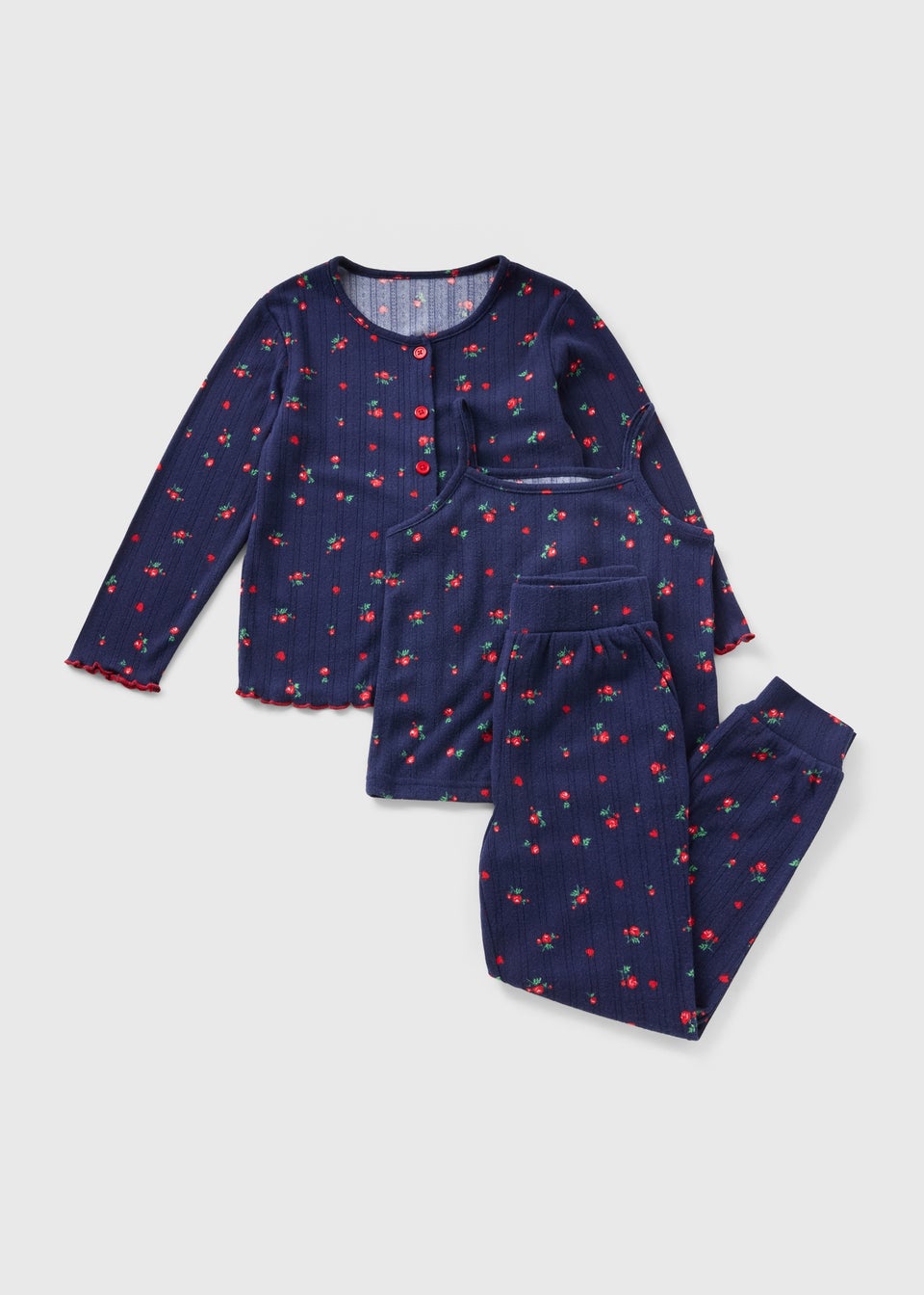 3 Piece Girls Navy Rose Pointelle Pyjama Set (4-13yrs)