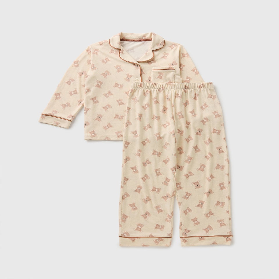 Girls Cream Bear Button Pyjama Set (7-13yrs)