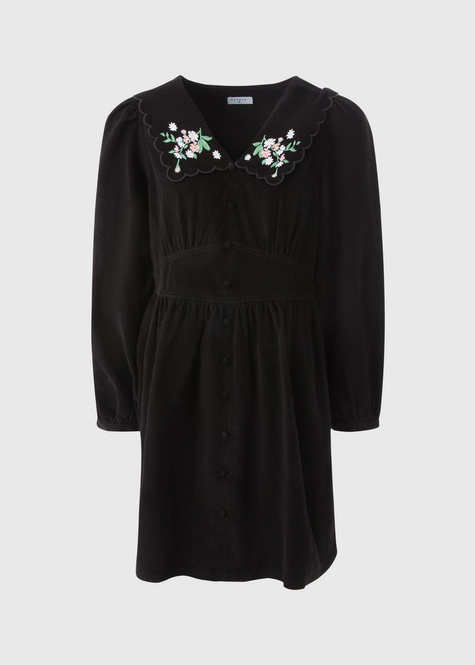 Black Embroidered Cord Collar Mini Dress