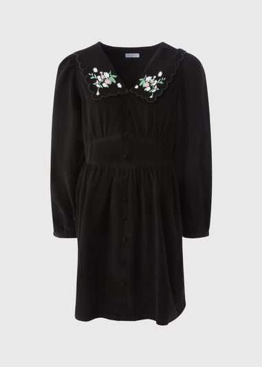Black Embroidered Cord Collar Mini Dress