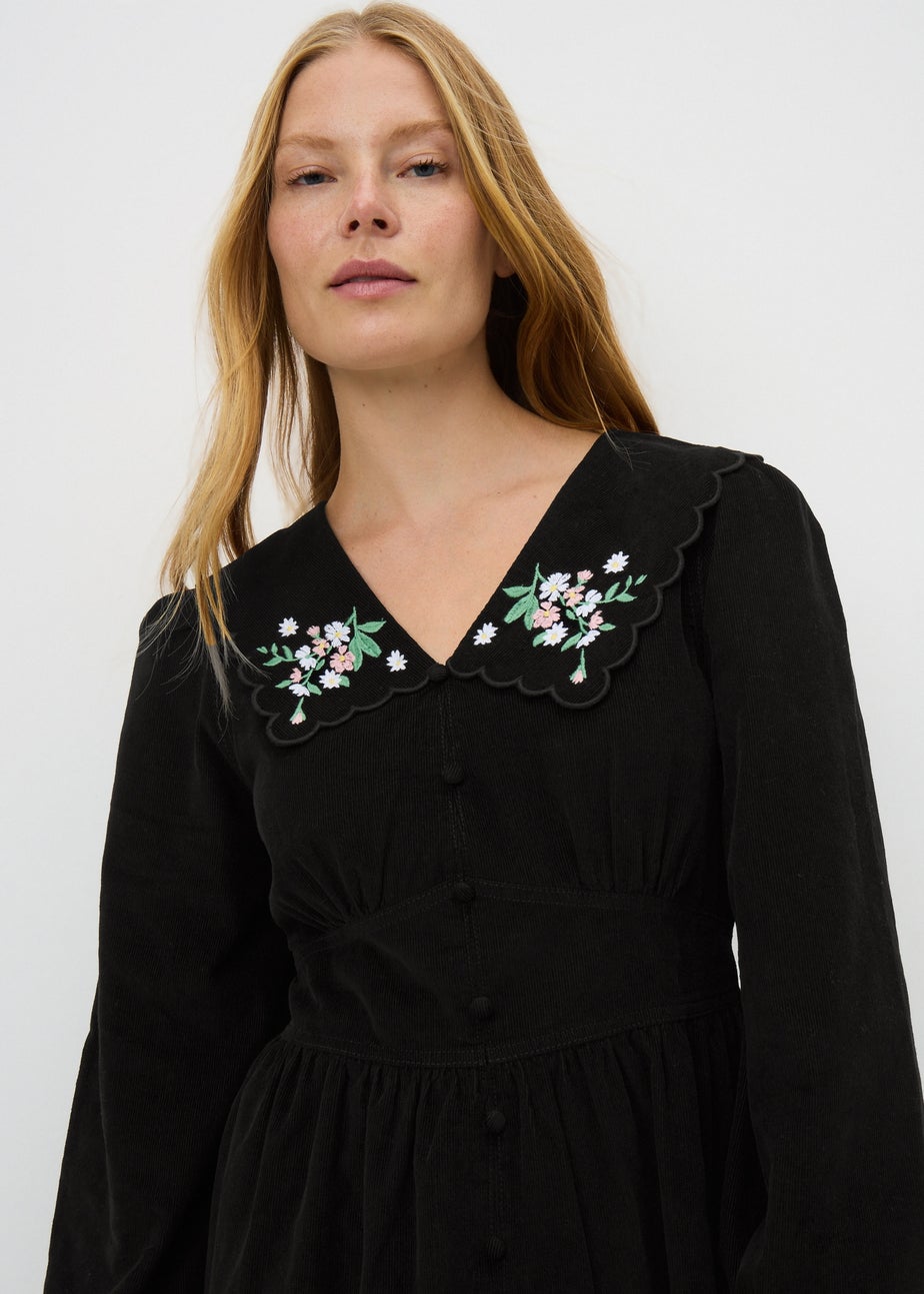 Black Embroidered Cord Collar Mini Dress