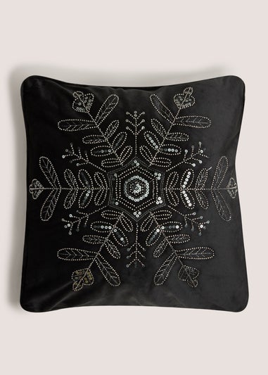 Black Snowflake Velvet Cushion