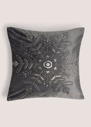 Grey Snowflake Velvet Cushion
