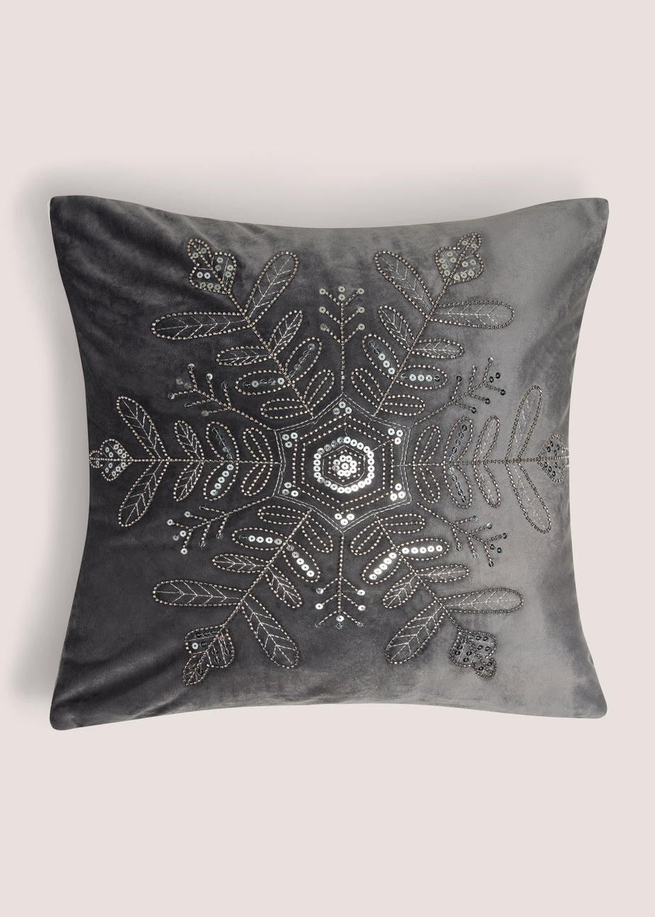 Grey Snowflake Velvet Cushion