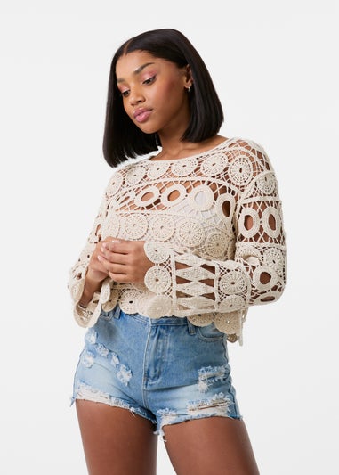 Pink Vanilla Stone Long Sleeve Crochet Top