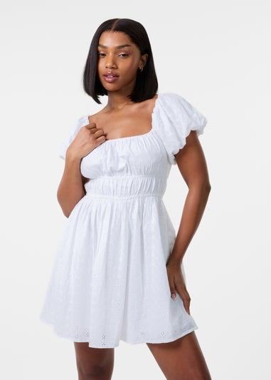 Pink Vanilla Ivory Broderie Puff Sleeve Mini Dress With Shorts