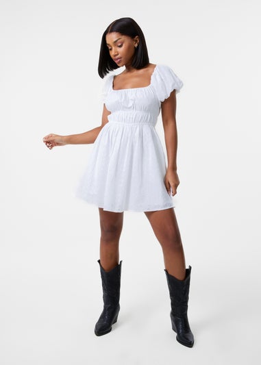 Pink Vanilla Ivory Broderie Puff Sleeve Mini Dress With Shorts