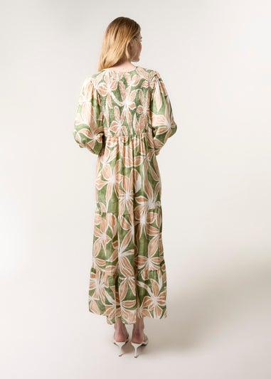 Blue Vanilla Khaki Floral Print Long Dress