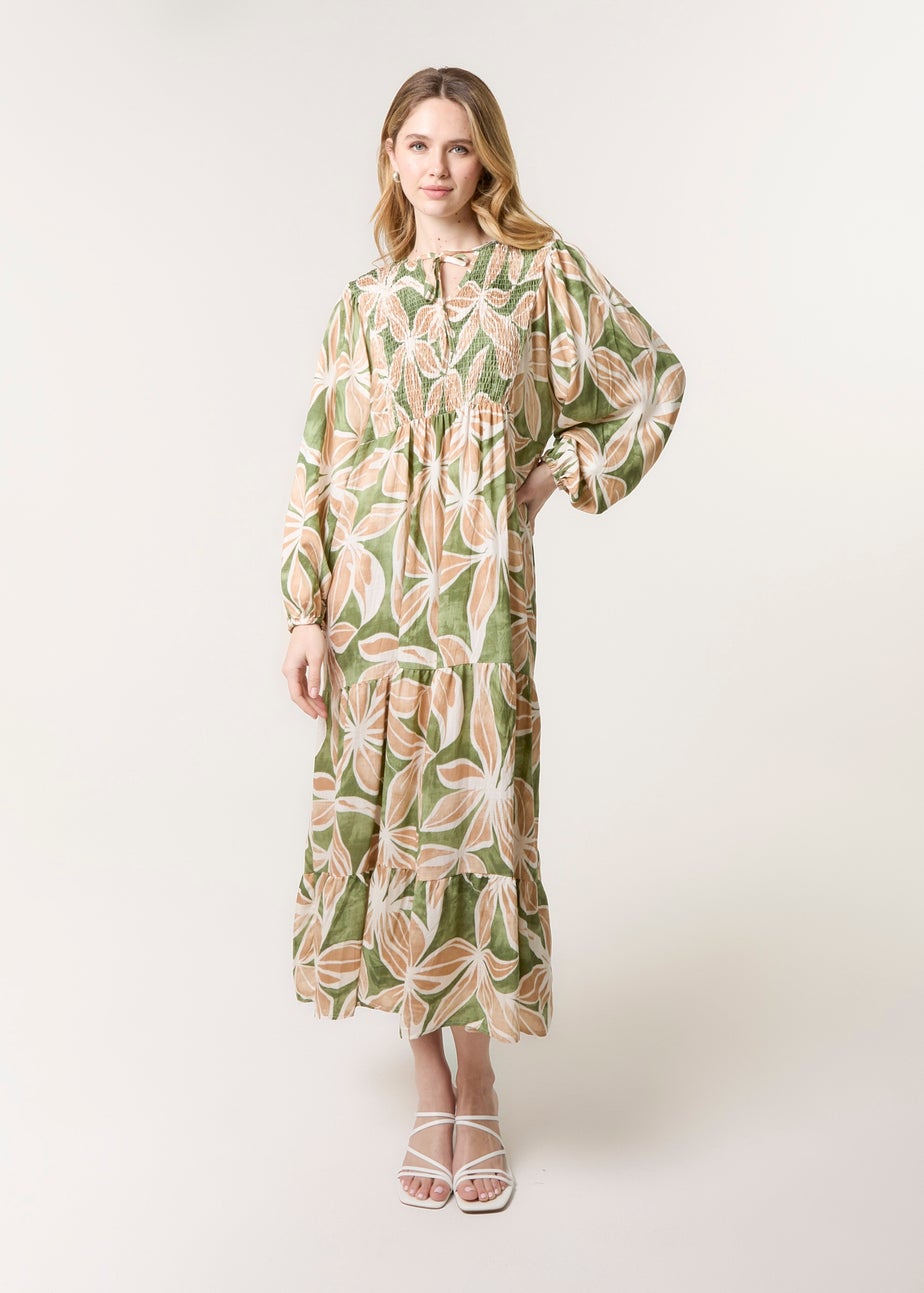 Blue Vanilla Khaki Floral Print Long Dress