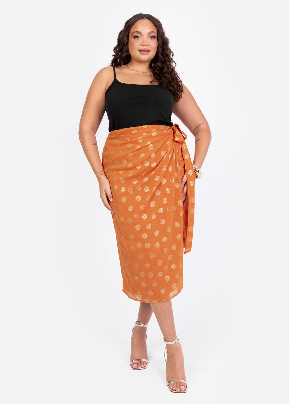 Lovedrobe Metallic Detail Orange Functional Wrap Midi Skirt