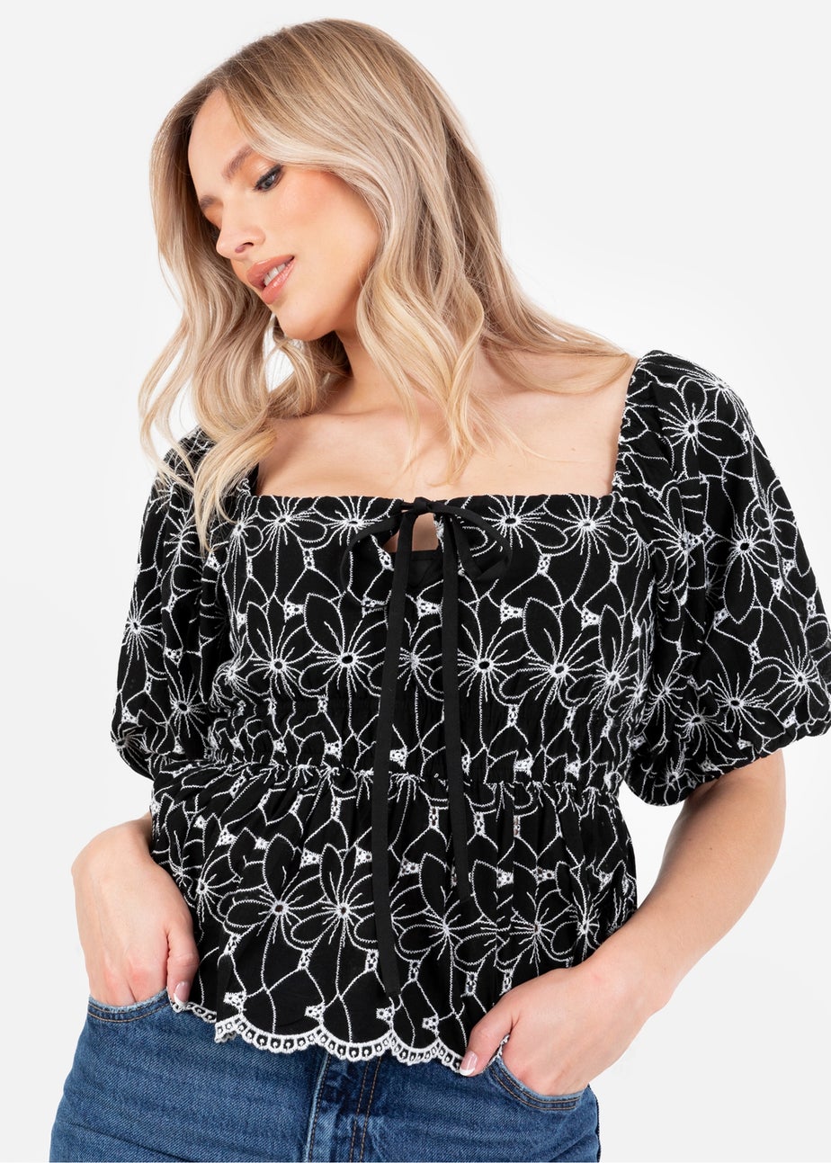 Lovedrobe Black Broderie Square Neck Short Puff Sleeve
