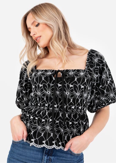 Lovedrobe Black Broderie Square Neck Short Puff Sleeve