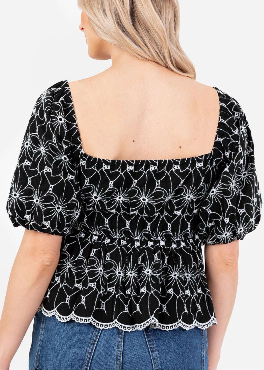Lovedrobe Black Broderie Square Neck Short Puff Sleeve