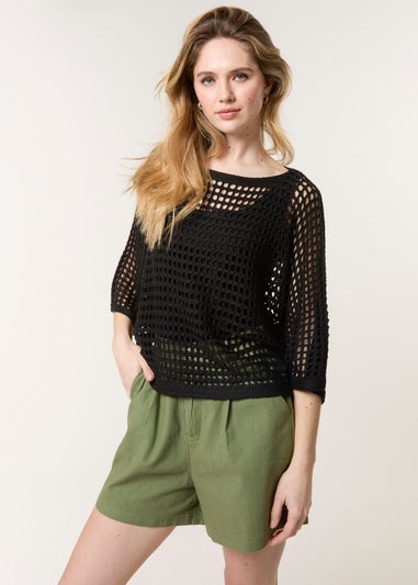 Blue Vanilla Black Round Neck Net Top