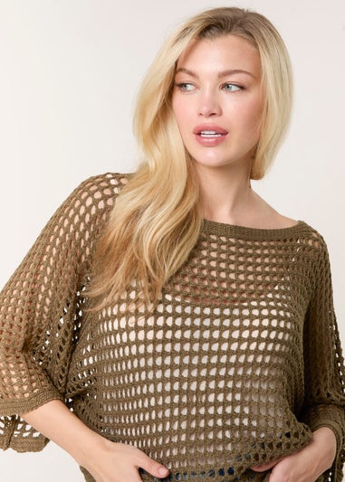 Blue Vanilla Khaki Round Neck Net Top