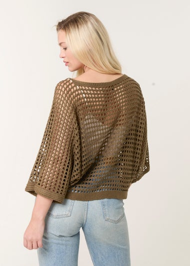Blue Vanilla Khaki Round Neck Net Top