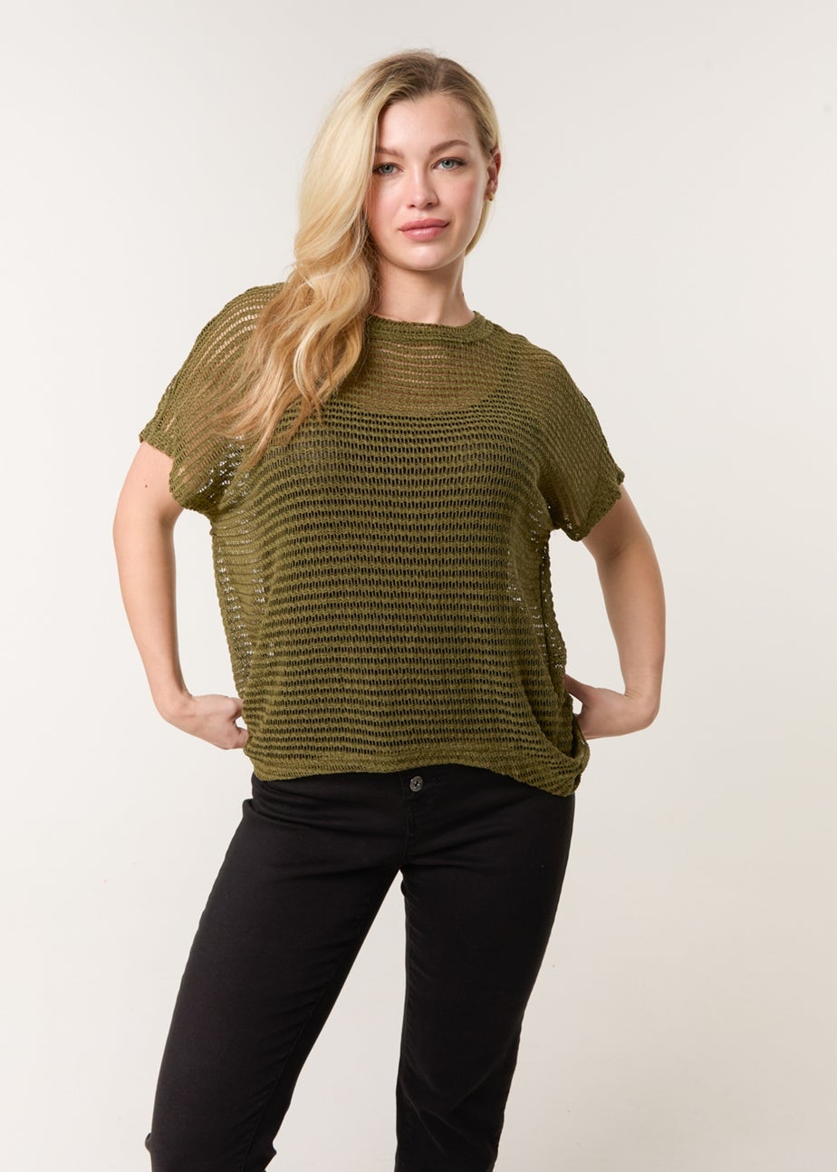 Blue Vanilla Khaki Crochet Batwing Oversized Top