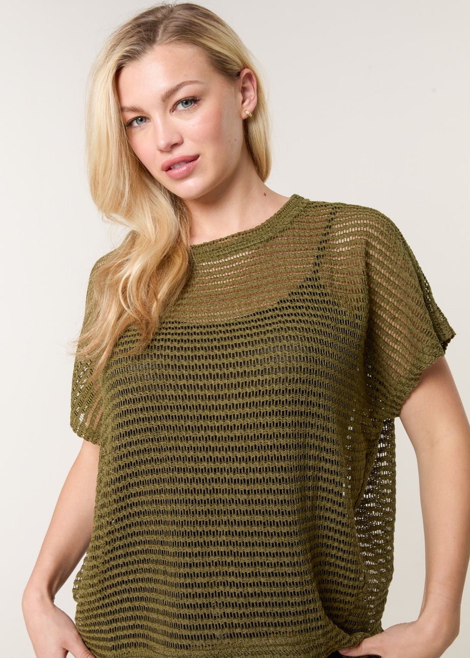 Blue Vanilla Khaki Crochet Batwing Oversized Top