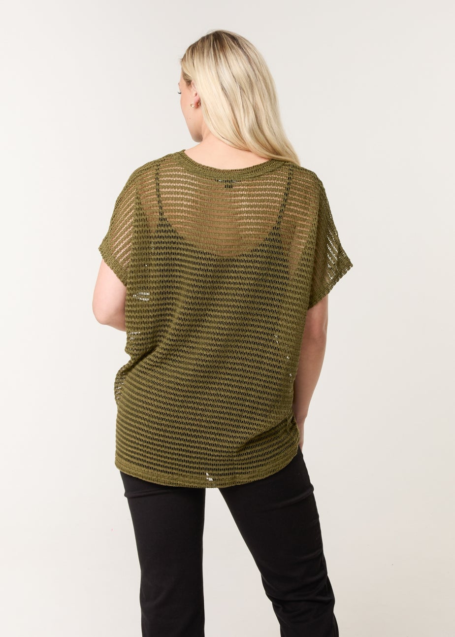 Blue Vanilla Khaki Crochet Batwing Oversized Top