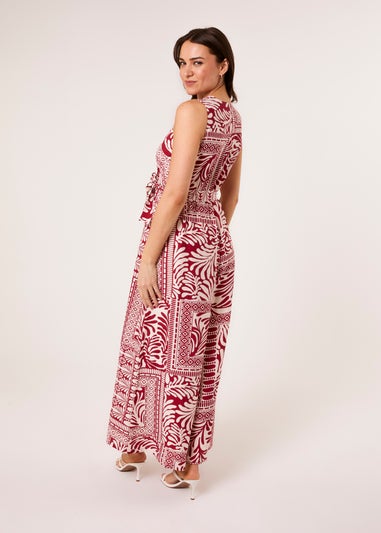 Blue Vanilla Red Sleeveless Leaf Print Jumpsuit