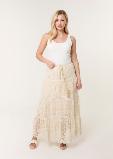 Blue Vanilla Stone Crochet Tassel Tie Front Maxi Skirt
