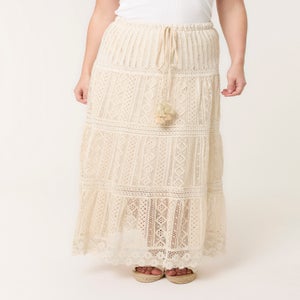 Blue Vanilla Stone Crochet Tassel Tie Front Maxi Skirt
