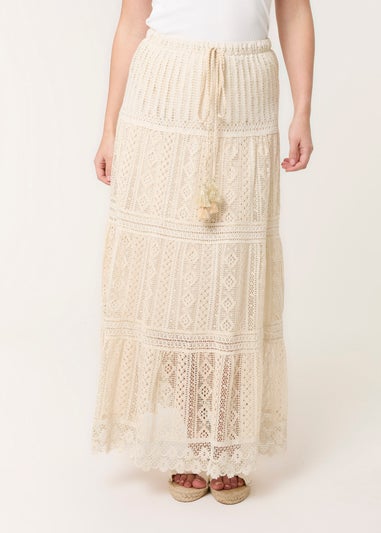 Blue Vanilla Stone Crochet Tassel Tie Front Maxi Skirt