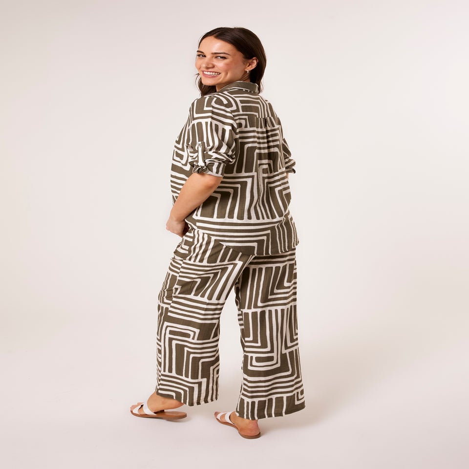 Blue Vanilla Khaki Geometric Print Two Piece Set