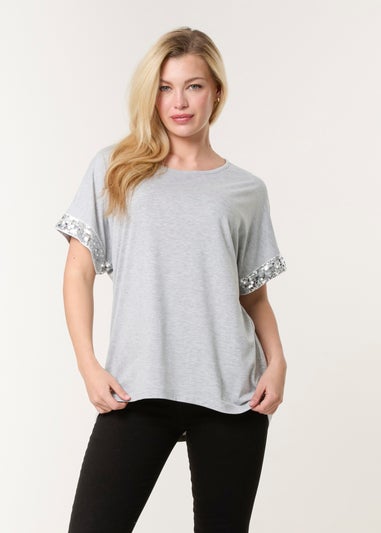 Blue Vanilla Grey Sequin Trim Oversized Top
