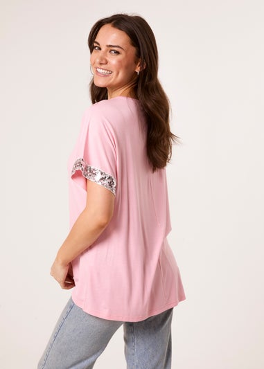 Blue Vanilla Pink Sequin Trim Oversized Top