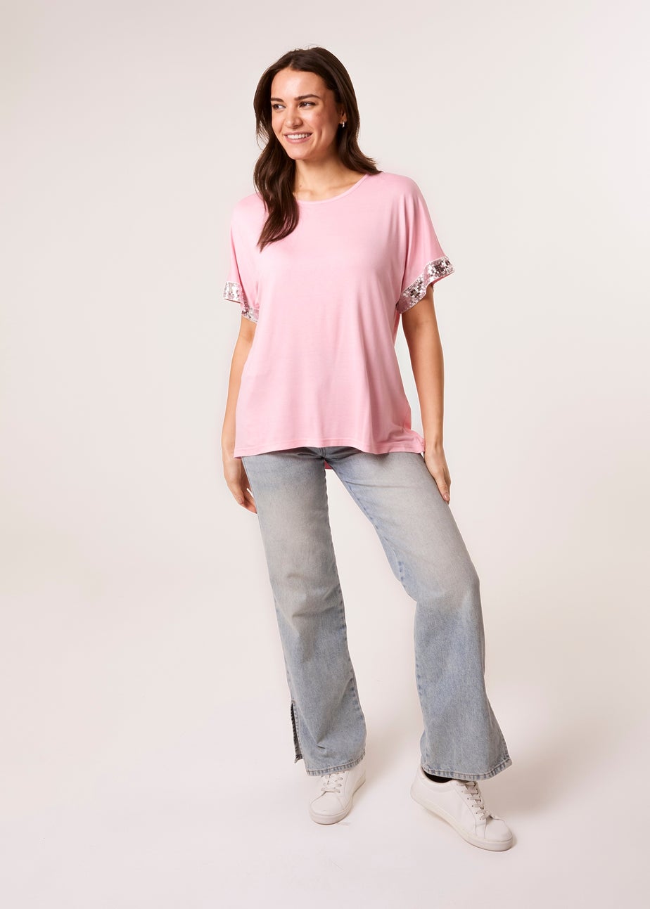 Blue Vanilla Pink Sequin Trim Oversized Top
