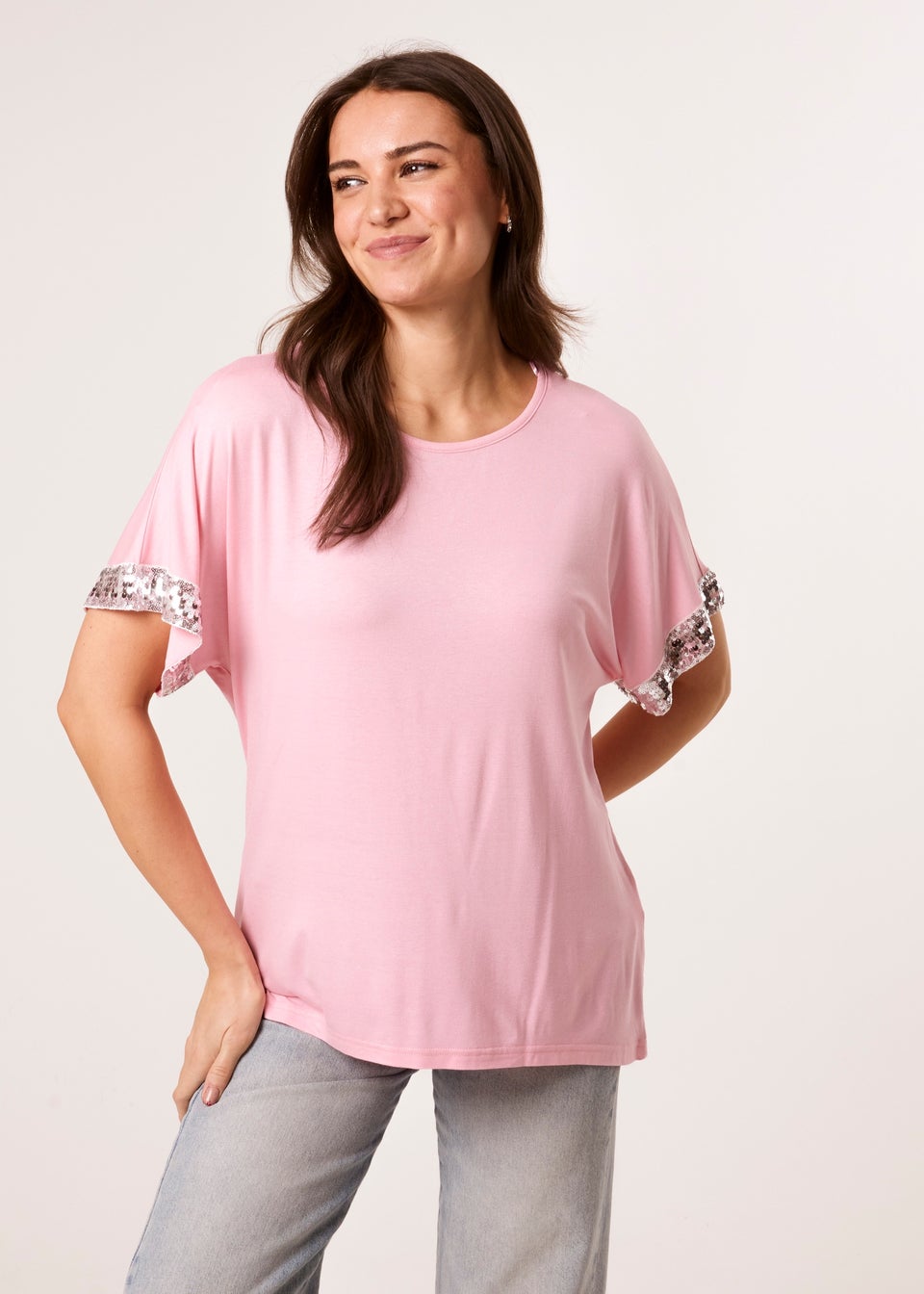 Blue Vanilla Pink Sequin Trim Oversized Top