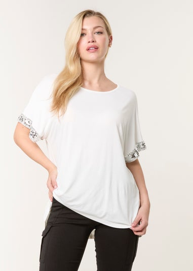 Blue Vanilla Ivory Sequin Trim Oversized Top