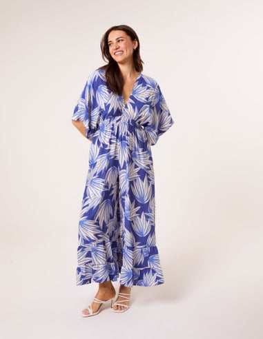 Blue Vanilla Blue Printed Leaf Wide Leg Jumpsuit