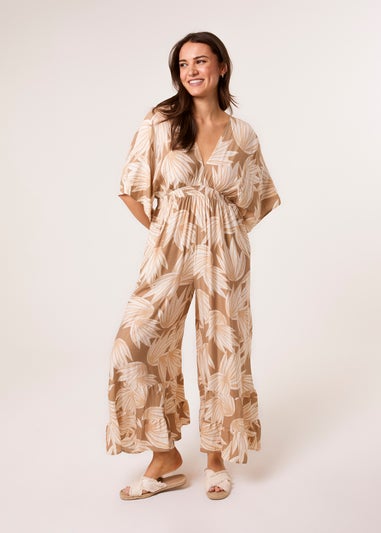 Blue Vanilla Mocha Printed Leaf Wide Leg Jumpsuit