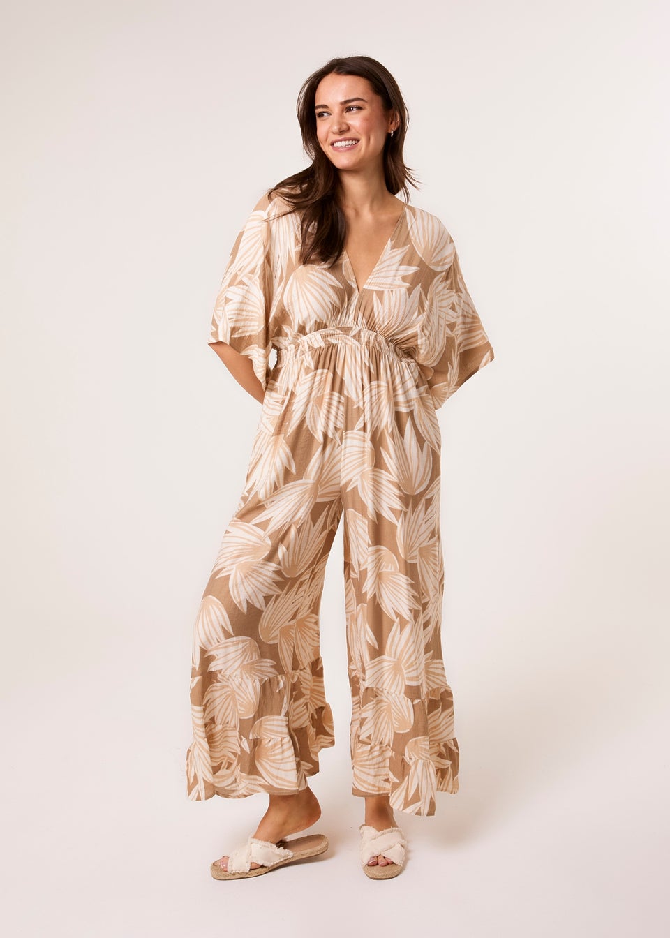 Blue Vanilla Mocha Printed Leaf Wide Leg Jumpsuit