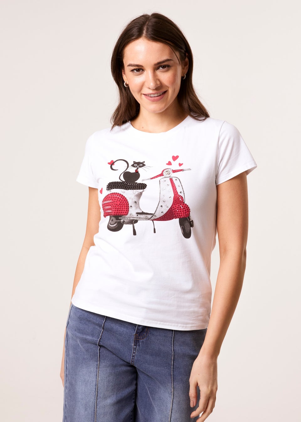 Blue Vanilla White Printed Cat T-Shirt