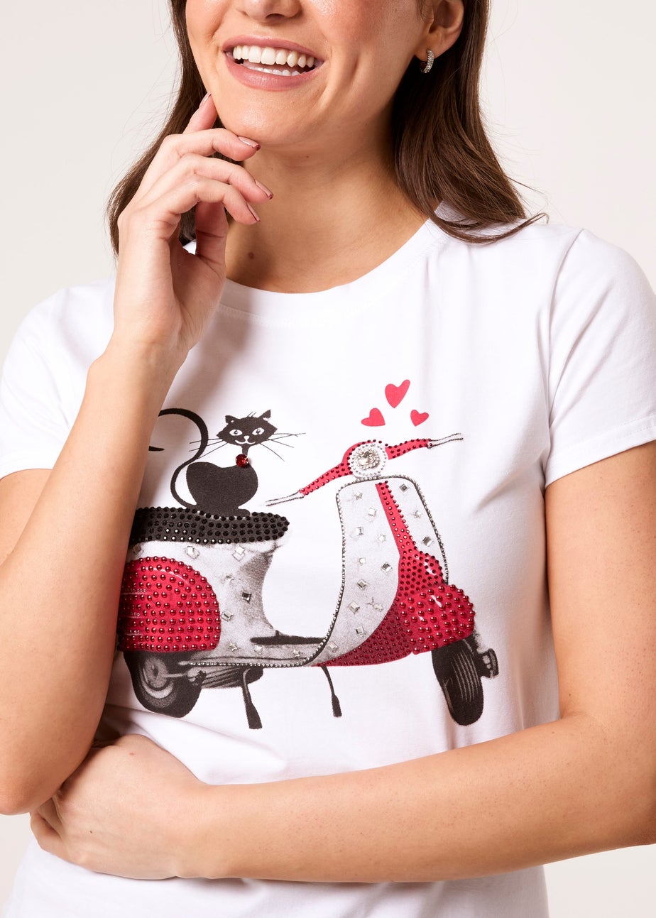 Blue Vanilla White Printed Cat T-Shirt