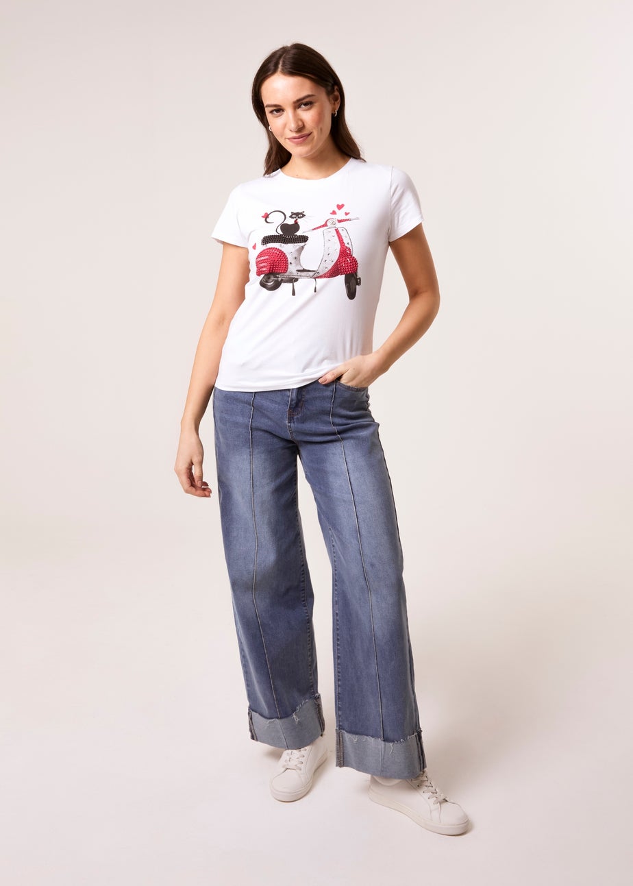 Blue Vanilla White Printed Cat T-Shirt