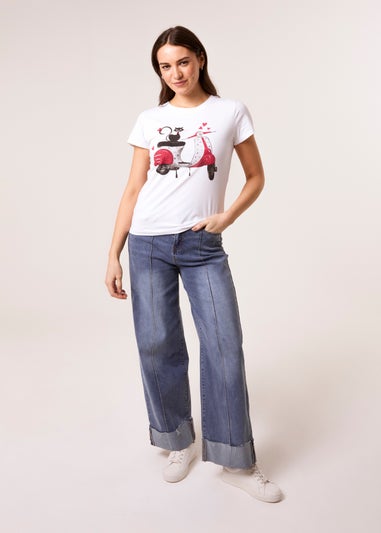 Blue Vanilla White Printed Cat T-Shirt