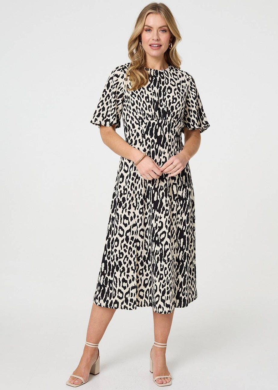 Izabel London Black Animal Print Flare Midi Dress