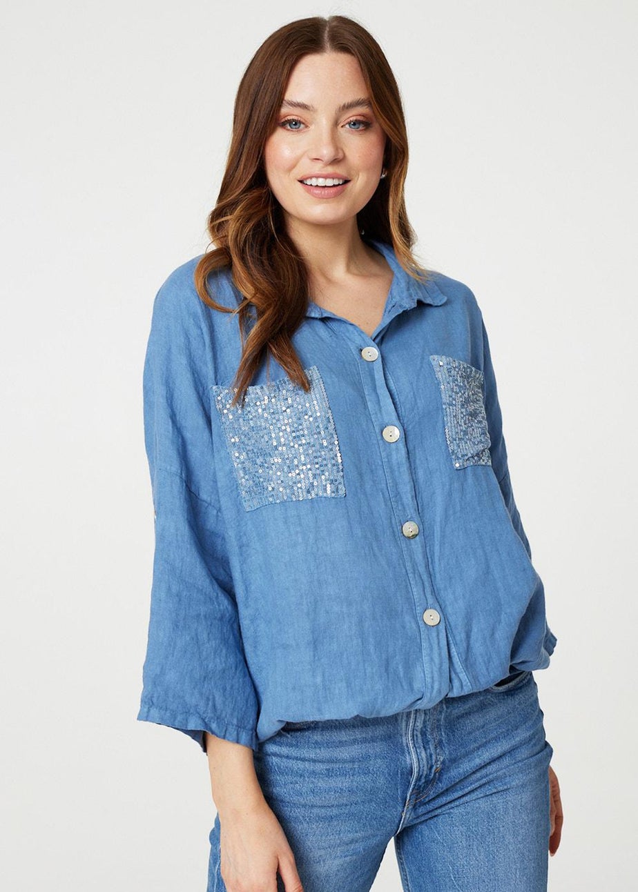 Izabel London Blue Sequin Detail 3/4 Turn-Up Sleeve Shirt