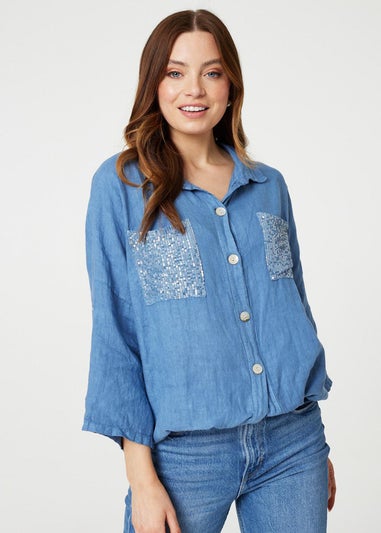 Izabel London Blue Sequin Detail 3/4 Turn-Up Sleeve Shirt