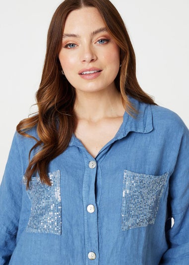 Izabel London Blue Sequin Detail 3/4 Turn-Up Sleeve Shirt