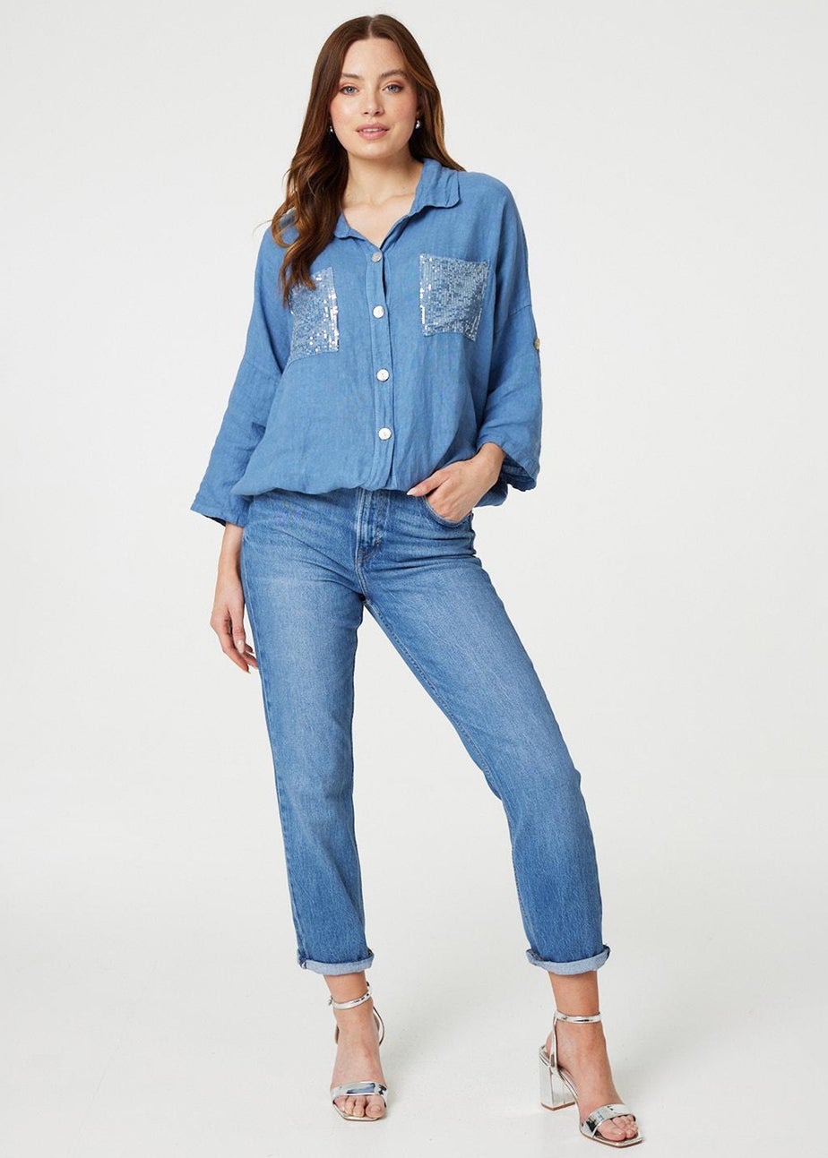 Izabel London Blue Sequin Detail 3/4 Turn-Up Sleeve Shirt