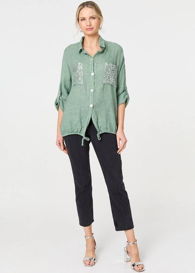 Izabel London Sage Sequin Detail 3/4 Turn-Up Sleeve Shirt